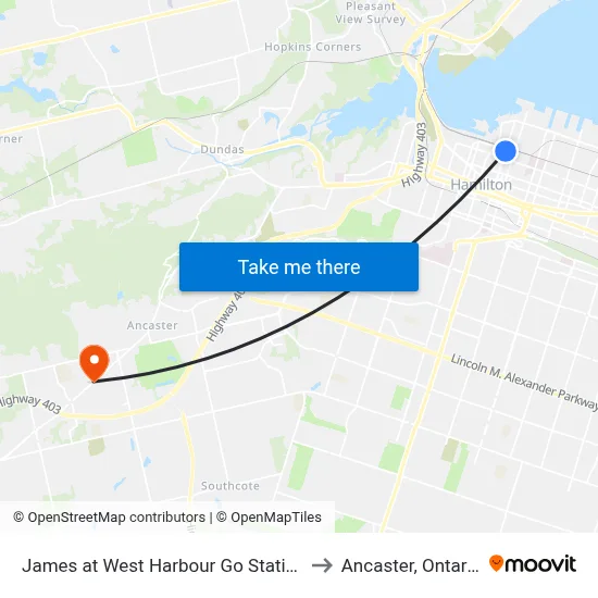 James at West Harbour Go Station to Ancaster, Ontario map