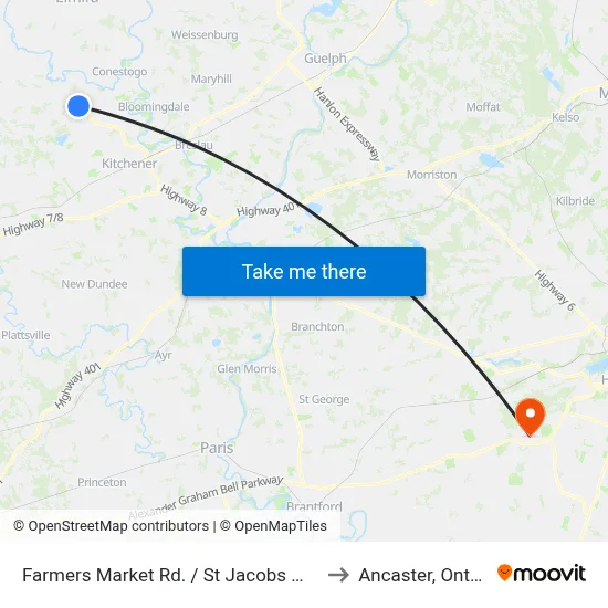 Farmers Market Rd. / St Jacobs Market to Ancaster, Ontario map