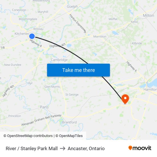 River / Stanley Park Mall to Ancaster, Ontario map