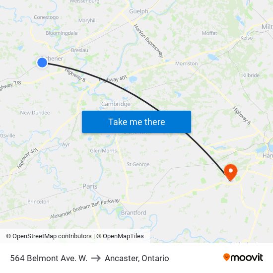 564 Belmont Ave. W. to Ancaster, Ontario map