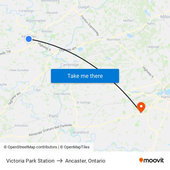 Victoria Park Station to Ancaster, Ontario map