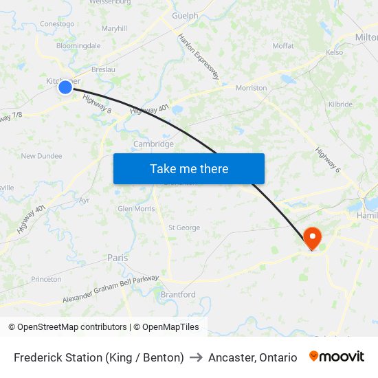 Frederick Station (King / Benton) to Ancaster, Ontario map