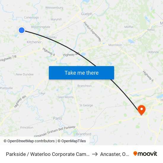 Parkside / Waterloo Corporate Campus - North to Ancaster, Ontario map