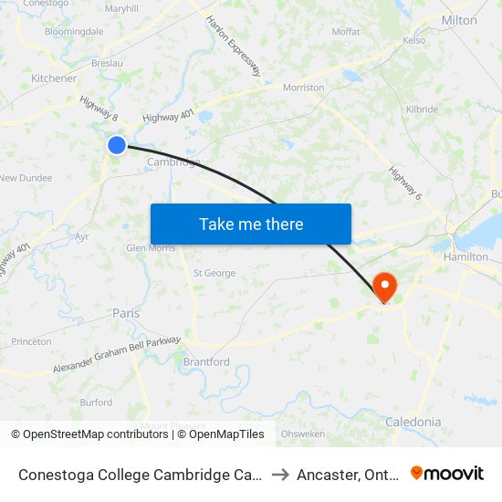 Conestoga College Cambridge Campus to Ancaster, Ontario map