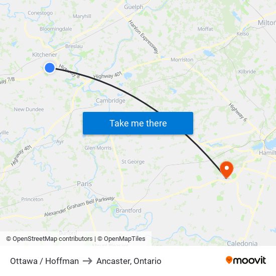 Ottawa / Hoffman to Ancaster, Ontario map