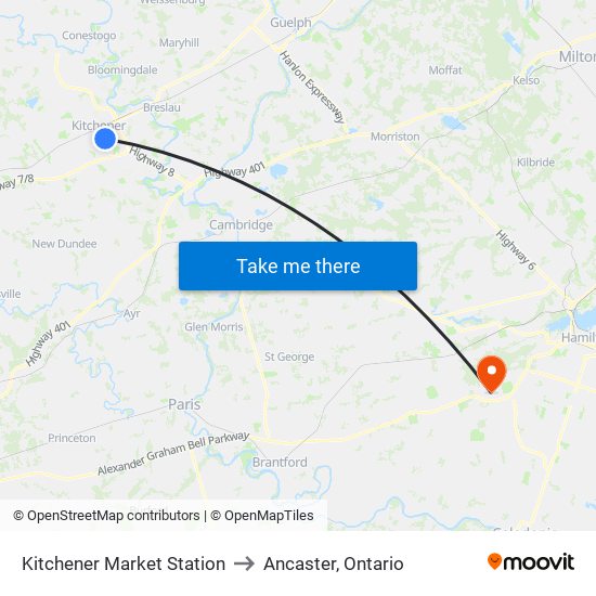 Kitchener Market Station to Ancaster, Ontario map
