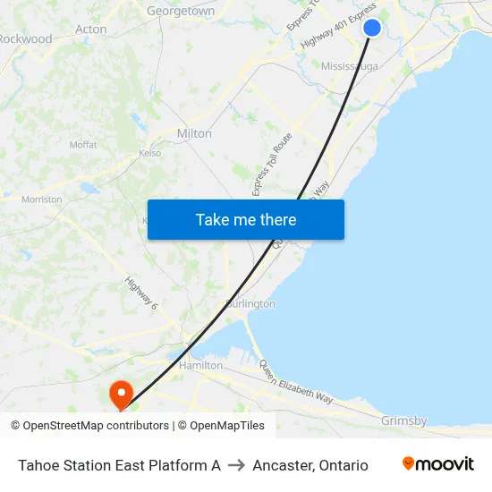 Tahoe Station East Platform A to Ancaster, Ontario map