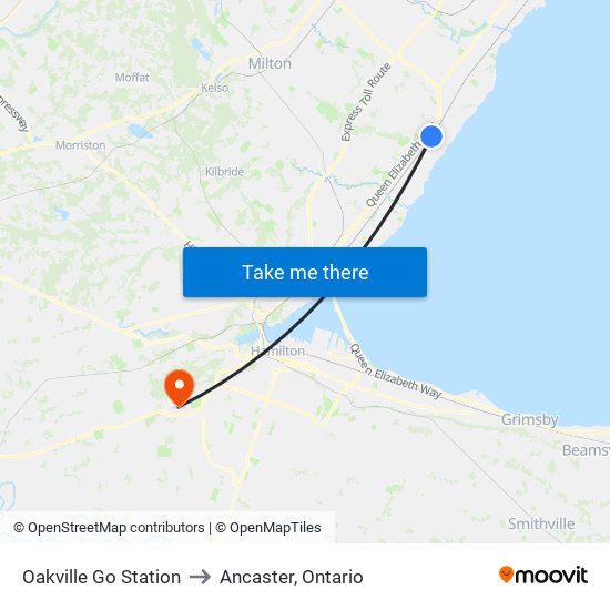 Oakville Go Station to Ancaster, Ontario map