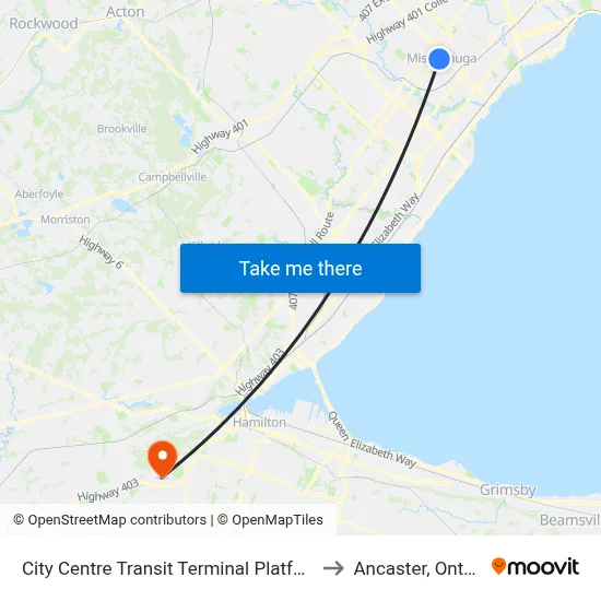 City Centre Transit Terminal Platform A to Ancaster, Ontario map