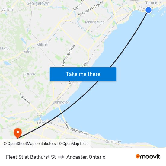 Fleet St at Bathurst St to Ancaster, Ontario map