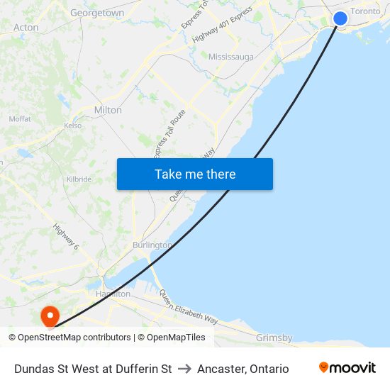 Dundas St West at Dufferin St to Ancaster, Ontario map