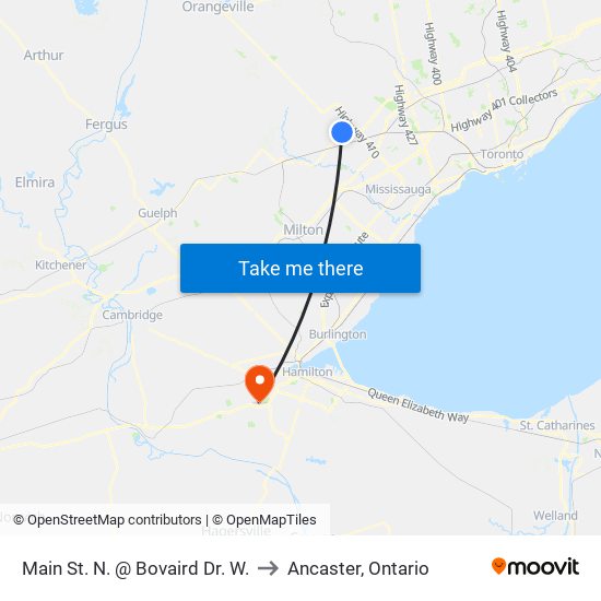 Main St. N. @ Bovaird Dr. W. to Ancaster, Ontario map