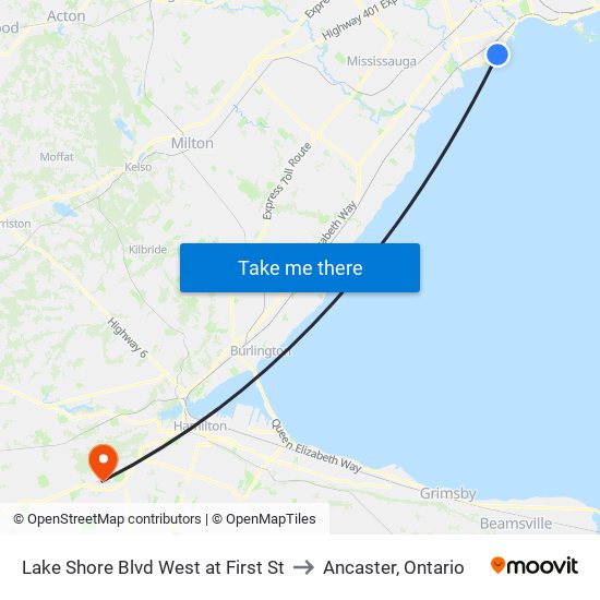 Lake Shore Blvd West at First St to Ancaster, Ontario map