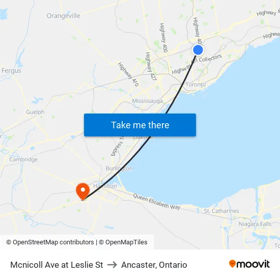 Mcnicoll Ave at Leslie St to Ancaster, Ontario map