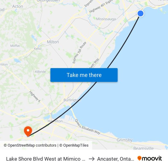 Lake Shore Blvd West at Mimico Ave to Ancaster, Ontario map