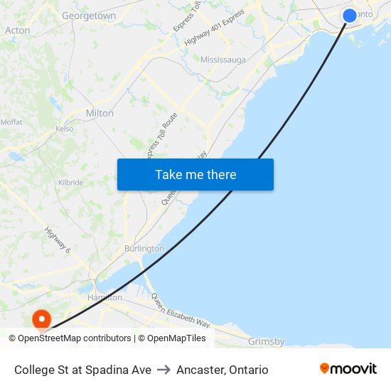 College St at Spadina Ave to Ancaster, Ontario map