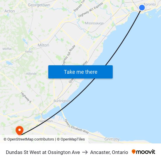 Dundas St West at Ossington Ave to Ancaster, Ontario map