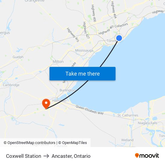 Coxwell Station to Ancaster, Ontario map