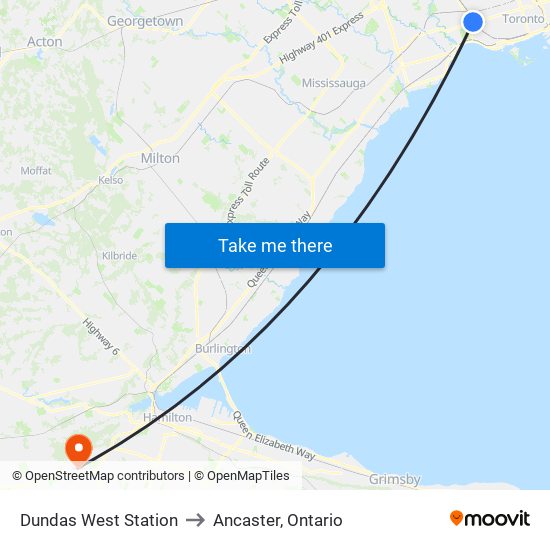 Dundas West Station to Ancaster, Ontario map