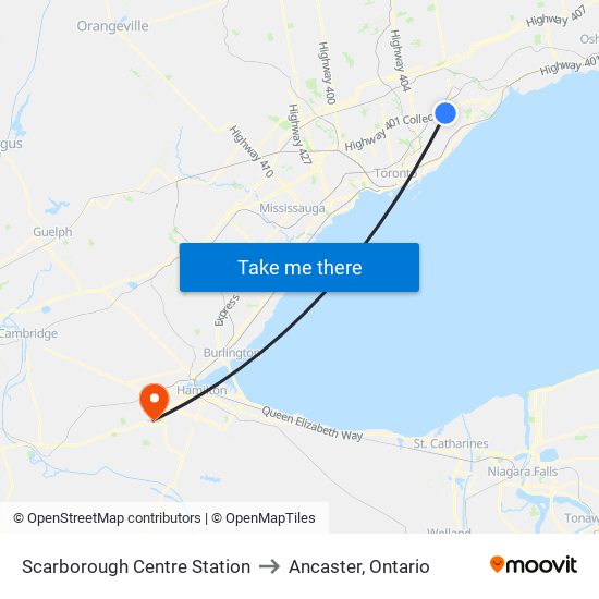 Scarborough Centre Station to Ancaster, Ontario map