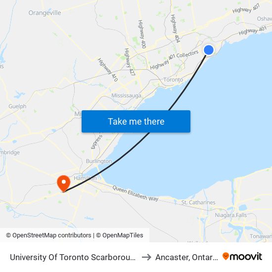 University Of Toronto Scarborough to Ancaster, Ontario map