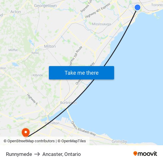 Runnymede to Ancaster, Ontario map