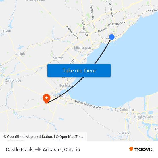 Castle Frank to Ancaster, Ontario map