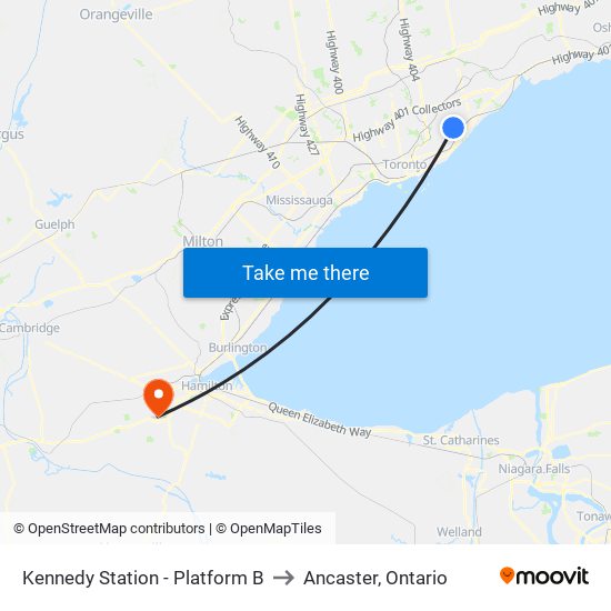 Kennedy Station - Platform B to Ancaster, Ontario map