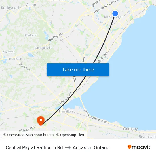 Central Pky at Rathburn Rd to Ancaster, Ontario map