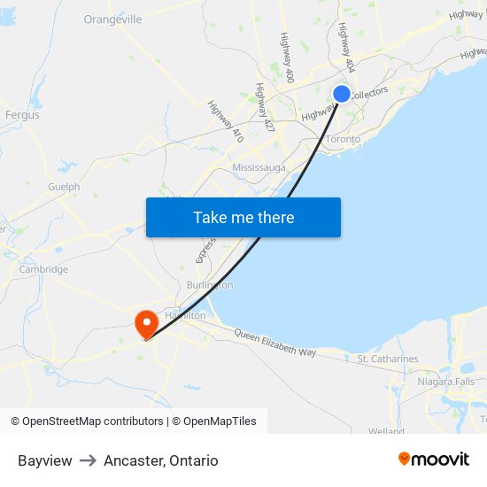 Bayview to Ancaster, Ontario map