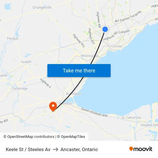 Keele St / Steeles Av to Ancaster, Ontario map