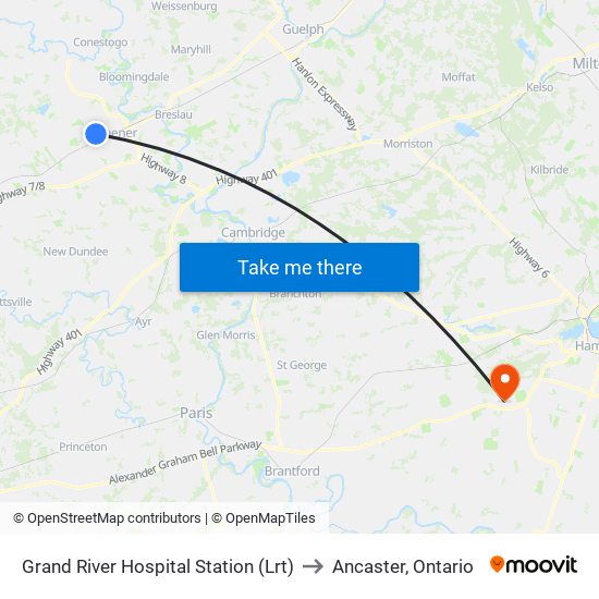 Grand River Hospital Station (Lrt) to Ancaster, Ontario map