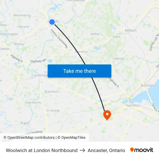 Woolwich at London Northbound to Ancaster, Ontario map