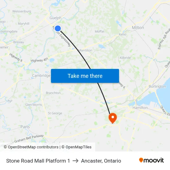 Stone Road Mall Platform 1 to Ancaster, Ontario map
