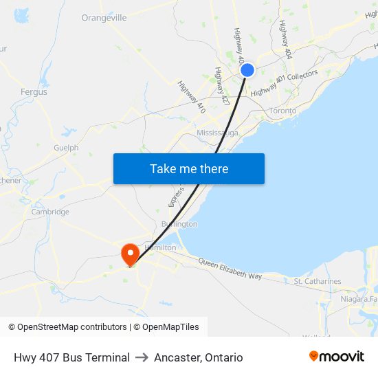 Hwy 407 Bus Terminal to Ancaster, Ontario map