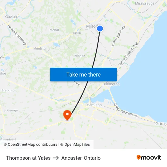 Thompson at Yates to Ancaster, Ontario map