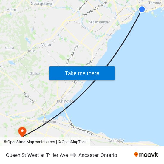 Queen St West at Triller Ave to Ancaster, Ontario map