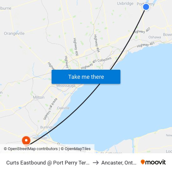 Curts Eastbound @ Port Perry Terminal to Ancaster, Ontario map