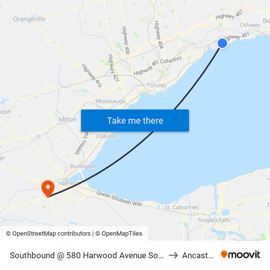 Southbound @ 580 Harwood Avenue South (Lakeridge Health Ajax Pickering) to Ancaster, Ontario map