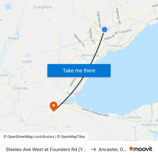 Steeles Ave West at Founders Rd (York University) to Ancaster, Ontario map