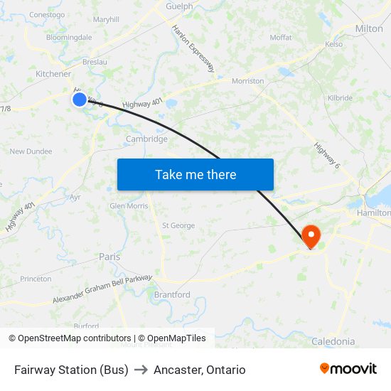 Fairway Station (Bus) to Ancaster, Ontario map