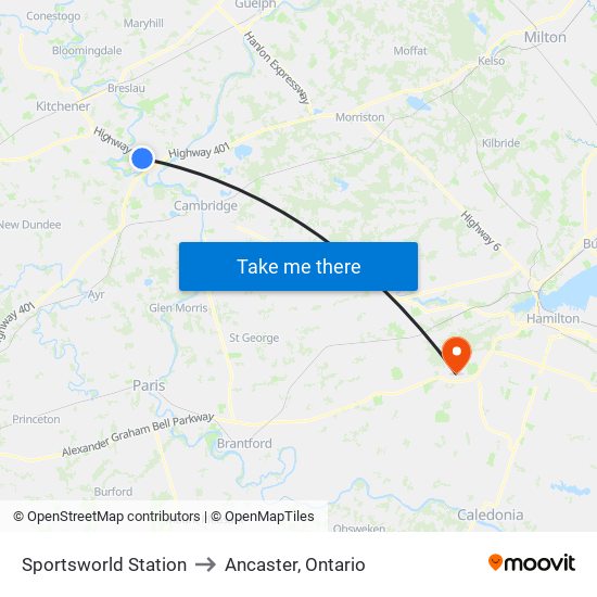 Sportsworld Station to Ancaster, Ontario map