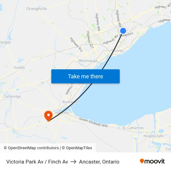 Victoria Park Av / Finch Av to Ancaster, Ontario map