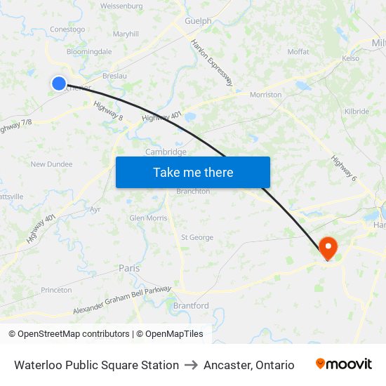 Waterloo Public Square Station to Ancaster, Ontario map