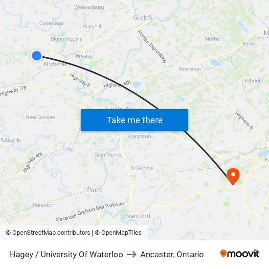 Hagey / University Of Waterloo to Ancaster, Ontario map