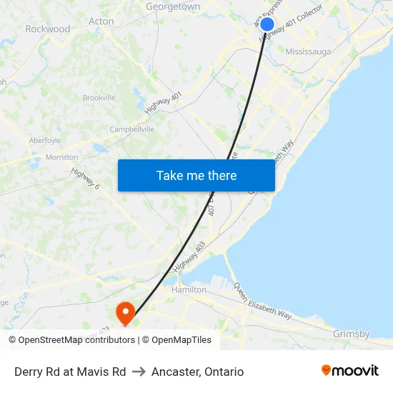 Derry Rd at Mavis Rd to Ancaster, Ontario map