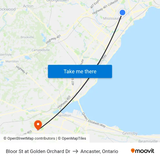 Bloor St at Golden Orchard Dr to Ancaster, Ontario map