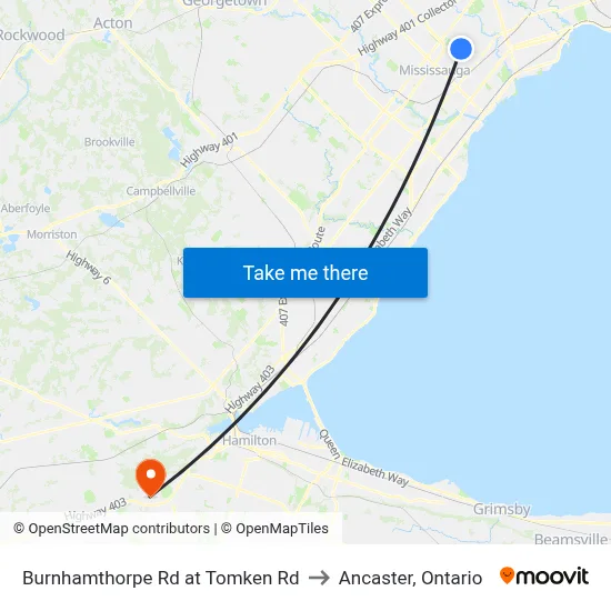 Burnhamthorpe Rd at Tomken Rd to Ancaster, Ontario map