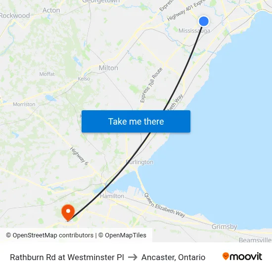 Rathburn Rd at Westminster Pl to Ancaster, Ontario map