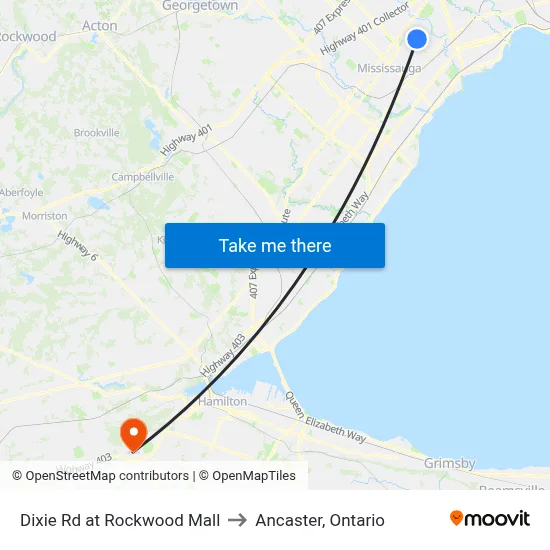 Dixie Rd at Rockwood Mall to Ancaster, Ontario map